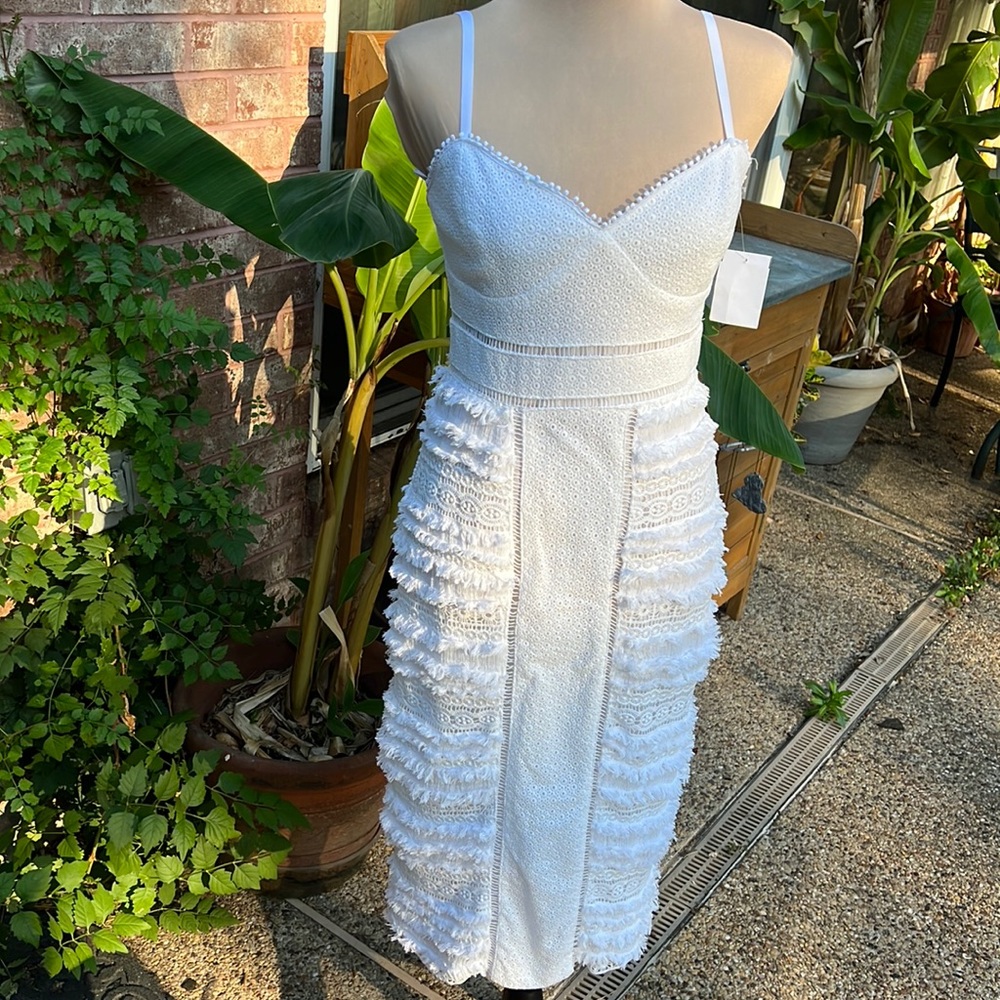 NEW Trina Turk White Heavy Lace and Fringe Bodycon Camisole Strap dress …